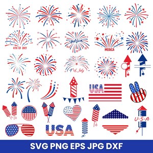 May include: A collection of red, white, and blue Fourth of July themed graphics. Includes fireworks, the American flag, rockets, and the word "USA". Also includes the text "4th of July", "Merica", and "U.S.A.".