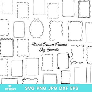 Puede incluir: Un conjunto de 30 marcos SVG dibujados a mano. Los marcos son en blanco y negro y tienen una variedad de estilos, incluyendo simples, ornamentados y caprichosos. Los marcos son perfectos para agregar un toque personal a tus proyectos.