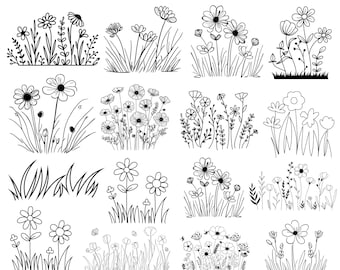 May include: A set of 15 black and white SVG designs featuring various arrangements of wildflowers and grass. The designs are perfect for crafting projects, scrapbooking, and digital design.