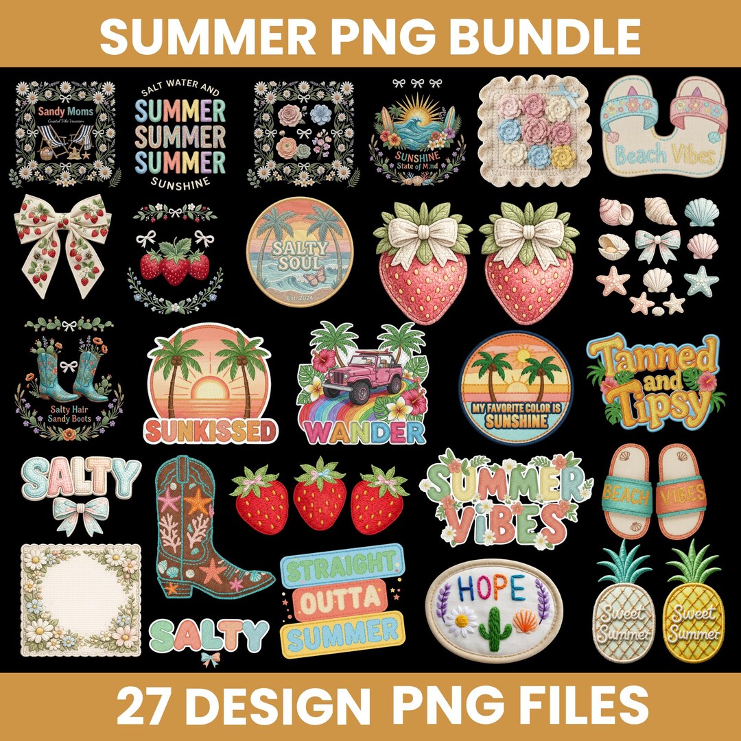 Summer PNG Bundle, Coquette Bow Summer PNG, Retro Beach Vibes PNG