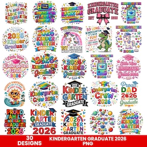 Może przedstawiać: Kolekcja 30 kolorowych wzorów na zakończenie przedszkola. Każdy wzór zawiera tekst, taki jak "Kindergarten Graduate 2026" oraz różne grafiki, takie jak gwiazdy, tęcze i czapki absolwentów. Wzory są w formacie okrągłym.