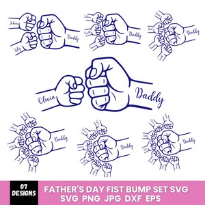 Op de afbeelding: Een verzameling Vaderdag vuistbump ontwerpen in marineblauw. Elk ontwerp toont een grote vuist met het woord "Daddy" en kleinere vuisten met namen als Olivia, John en Lily. De tekst "FATHER'S DAY FIST BUMP SET SVG" staat onderaan.