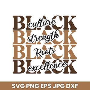 Puede incluir: Diseño gráfico con la palabra "BLACK" apilada cuatro veces en tonos marrón y beige. Las palabras "cultura", "fuerza", "Raíces" y "excelencia" están superpuestas en cursiva. La parte inferior de la imagen muestra "SVG PNG EPS JPG DXF".
