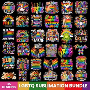 Op de afbeelding: Een collectie van 35 kleurrijke LGBTQ+ thema sublimatieontwerpen op een zwarte achtergrond. De afbeeldingen bevatten regenbogen, harten, slogans zoals 'Make Homophobia Extinct', 'Equality' en 'Pride', samen met illustraties van duiven, kikkers en mensen die regenboogvlaggen vasthouden.