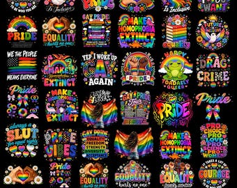 May include: A collection of 35 colorful LGBTQ+ themed sublimation designs on a black background. The graphics feature rainbows, hearts, slogans like 'Make Homophobia Extinct', 'Equality', and 'Pride', along with illustrations of doves, frogs, and people holding pride flags.