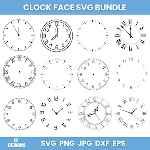 Peut inclure: Un ensemble de 15 designs de cadrans d'horloge SVG en noir et blanc. Les cadrans d'horloge présentent à la fois des chiffres arabes et romains. Les designs sont parfaits pour les projets d'artisanat, le scrapbooking et la conception numérique.