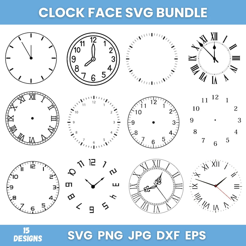 May include: A set of 15 black and white clock face SVG designs. The clock faces feature both Arabic and Roman numerals.  The designs are perfect for crafting projects, scrapbooking, and digital design.