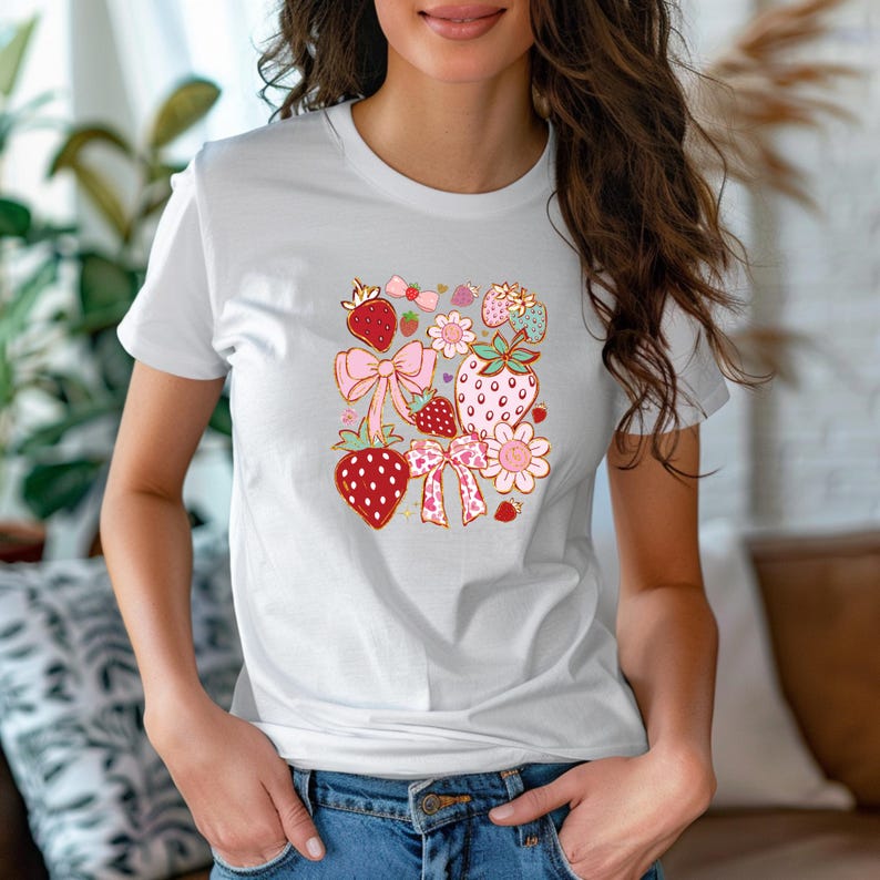 以下が含まれることがあります： 白いTシャツに、イチゴ、リボン、花をモチーフにしたカラフルなグラフィックデザインが施されています。デザインはTシャツの中央に配置されています。