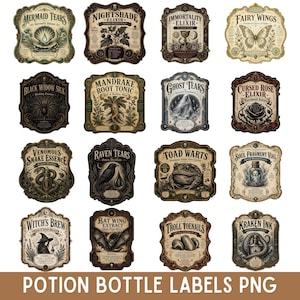 Può includere: Una collezione di sedici etichette rettangolari per boccette di pozioni con bordi decorati, caratterizzate da illustrazioni in stile vintage e testi come Mermaid Tears, Nightshade Elixir, Immortality Elixir, Fairy Wings, Black Widow Silk, Mandrake Root Tonic, Ghost Tears, Cursed Rose Elixir, Venomous Snake Essence, Raven Tears, Toad Warts, Soul Fragment Vial, Witch's Brew, Bat Wing Extract, Troll Toenails e Kraken Ink.