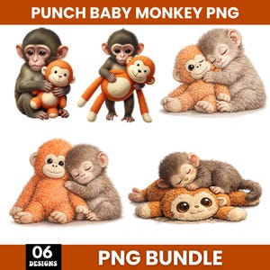 May include: A collection of six PNG images featuring adorable baby monkeys. Each image showcases a monkey, either holding or cuddling with a plush toy monkey. The images are in various poses, with the text "PUNCH BABY MONKEY PNG" at the top and "PNG BUNDLE" at the bottom.