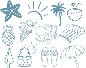 Summer Coastal Clipart Bundle, Beach Scene Elements, Ocean Png, Summer Png Bundle, Sublimation, Instant Download,Hand Drawn Coastal Elements