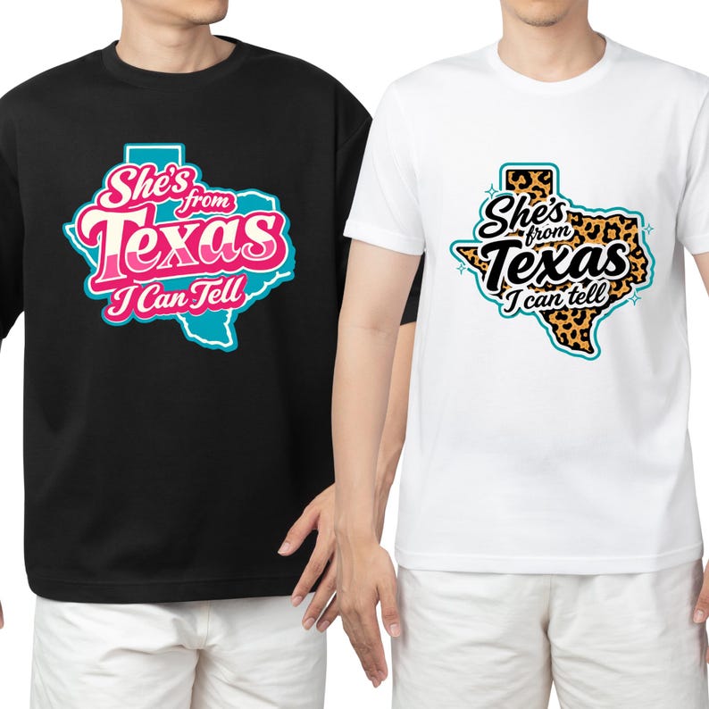 May include: Two t-shirts, one black and one white, each with a Texas state graphic. The black shirt's graphic is pink, teal, and white, while the white shirt has a leopard print design. Both shirts display the text "She's from Texas I Can Tell".