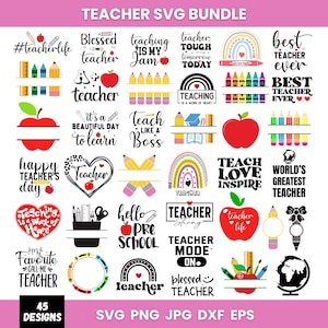 Könnte beinhalten: Eine Sammlung von 45 Lehrer-Themen-SVG-Designs. Die Designs enthalten Sätze wie "Teacher Life" und "Best Teacher Ever" sowie Bilder von Äpfeln, Bleistiften und Regenbogen. Die Designs sind in den Formaten SVG, PNG, JPG, DXF und EPS verfügbar.