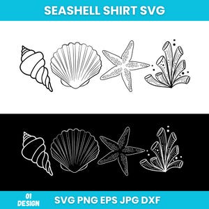 Puede incluir: Ilustración en blanco y negro de conchas marinas, una estrella de mar y corales. La imagen incluye una concha, una concha de vieira, una estrella de mar de cinco puntas y coral. El texto "SEASHELL SHIRT SVG" está en la parte superior.