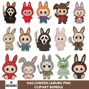 15 Horror Doll Halloween Labubu Png Bundle, Monster Doll Halloween, Cute Horror Movie Character Png, Kawaii Labubu Halloween, Sublimation