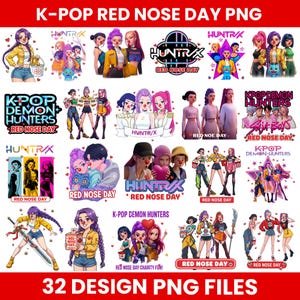 Może przedstawiać: Zestaw 32 plików PNG z motywami K-Pop na Red Nose Day. Obrazy przedstawiają różne postacie z kreskówek z czerwonymi nosami, w różnych pozach i strojach. Tekst zawiera "K-POP RED NOSE DAY" i "K-POP DEMON HUNTERS".