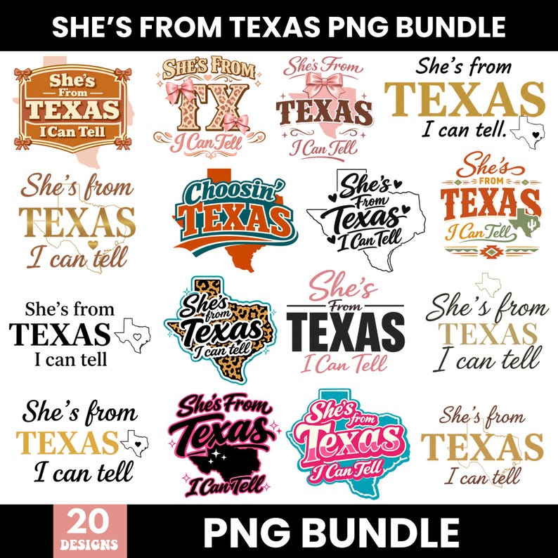May include: A PNG bundle with 20 designs, each displaying the text "She's From Texas I Can Tell." The designs incorporate the Texas state outline, bows, and diverse fonts in shades of brown, pink, and black. The words "PNG BUNDLE" are at the bottom.
