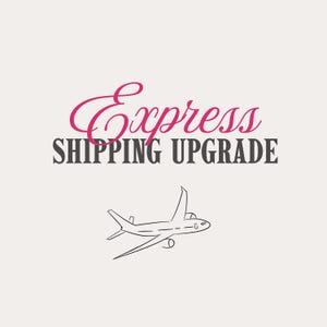 May include: An image with the words "Express Shipping Upgrade" in pink and gray, with a line drawing of an airplane below the text. The background is a light beige color.
