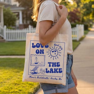Love on the Lake Tote Bag, Lake Bachelorette Camp Bach Weekend Tote, Cabin Boat Hiking Girls Trip Bag, Personalized Bridesmaid Canvas Tote