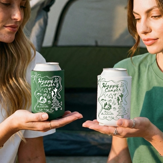 Custom Can Cooler Happy Camper Camp Camping Hiking Outdoor Lake Cabin Bonfire Bach Can Cooler