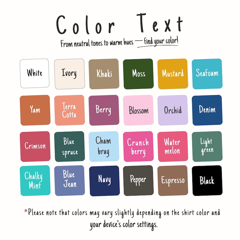 Op de afbeelding: Een kleurenkaart met de tekst "Color Text" en een verscheidenheid aan kleurstalen. Kleuren zijn onder meer wit, ivoor, kaki, mos, mosterd, zeegroen, yam, terra cotta, bes, bloesem, orchidee, denim, karmozijn, blauwe spar, chambray, crunch berry, watermeloen, lichtgroen, krijtachtige munt, blue jean, marine, peper, espresso en zwart.