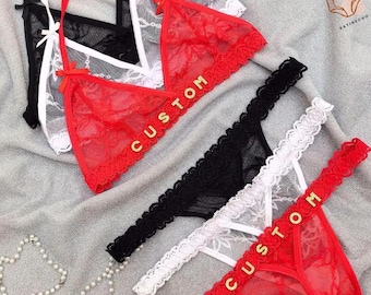 Custom Crystal Name Lingerie Sets, Name Bra, Name Thong, Personalized Name Lingerie Set, Custom Name Lace Thongs, Custom Name G-strings