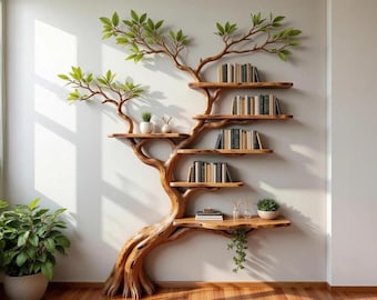 May include: A unique, wooden tree-shaped bookshelf mounted on a white wall. The bookshelf has multiple shelves holding books, small plants, and decorative items. Green leaves and branches extend from the top, adding a natural aesthetic to the room.