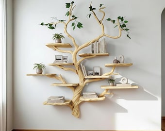 Floating tree branch bookshelf solid wood driftwood wall art bookcase decoration