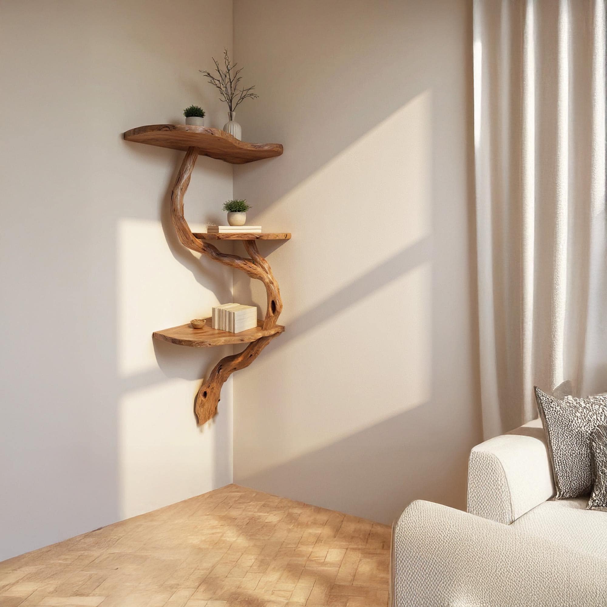 流木　アート　飾り棚 流木インテリア 存在感のある古木のような流木板の3段棚 シェルフ N2