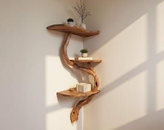 手作りの流木コーナー本棚：壁掛け用木の枝棚 - Etsy 日本