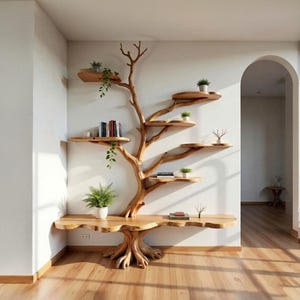 Op de afbeelding: Een unieke houten boomvormige boekenplank en tafelcombinatie. De natuurlijke houten structuur heeft meerdere planken voor het tentoonstellen van boeken en planten. Het ontwerp bevat een tafel aan de basis, waardoor een functioneel en artistiek stuk ontstaat.