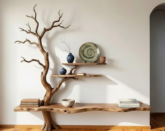 Tree bookshelf floating shelves handcrafted carving natural tree branch bookshelf sculpture solid wood floor bookcase