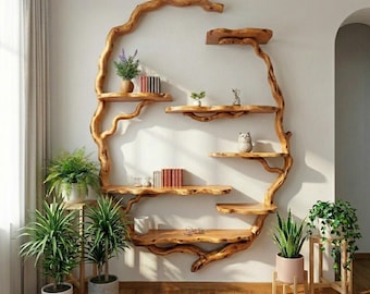 Boomtak zwevende boekenplank kunst unieke golvende live rand massief houten display wandplank handgemaakte meubeldecor