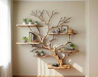 Puede incluir: Una estantería de pared única en forma de árbol de madera con múltiples estantes. Los estantes exhiben pequeñas plantas en macetas, libros y objetos decorativos. Las ramas del árbol se extienden por la pared, creando una exhibición natural y artística.