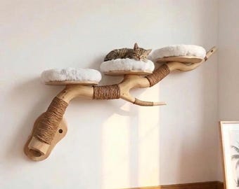 Tree branch cat tree wall mount shelves unique natural solid wood cat climbing scratching post pet furniture