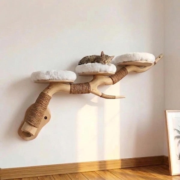 Tree branch cat tree wall mount shelves unique natural solid wood cat climbing scratching post pet furniture