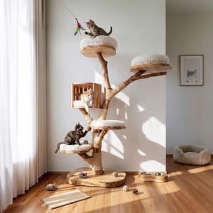 May include: A multi-level cat tree constructed from natural wood branches with a sturdy base. It features several circular platforms topped with soft white cushions, a wooden cubby box, and sisal rope wrapping. Three cats are interacting with the structure.