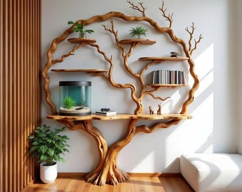 Driftwood tree branch floor bookshelf wall mount unique live edge solid wood floating shelf handmade furniture