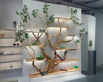 Tree branch floating book shelves on wall decor live edge wood custom bookshelf art