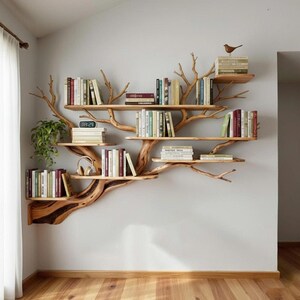 Op de afbeelding: Een houten boekenplank in de vorm van een boom, met meerdere planken voor boeken. Een klein vogelbeeldje staat op de bovenste plank. De boekenplank is bevestigd aan een lichtgrijze muur.