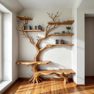 Könnte beinhalten: Ein einzigartiges Bücherregal- und Bank-Set aus Holz, das einem Baum nachempfunden ist. Die natürliche Holzoberfläche verfügt über mehrere Regale für Bücher und Dekorationsgegenstände sowie eine Bank an der Basis. Die baumartige Struktur verleiht jedem Raum eine rustikale und künstlerische Note.