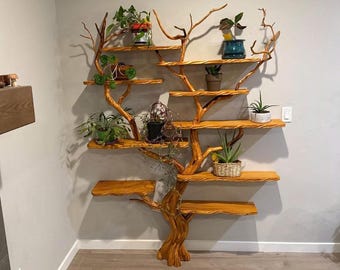 Libreria a muro ricavata da un ramo d'albero, opera d'arte unica in legno massello con bordo naturale, mensola sospesa.