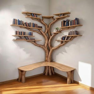Könnte beinhalten: Einzigartiges Bücherregal aus Holz in Form eines Baumes mit mehreren Regalen für Bücher. Die baumförmige Struktur ist in einer Ecke montiert, mit einer Bank an der Basis. Das Bücherregal ist aus hellbraunem Holz gefertigt.
