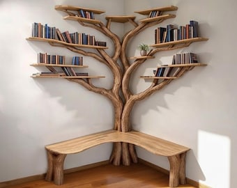 Libreria da pavimento, scaffale angolare a forma di ramo d'albero, mensole sospese in legno massello su libreria da parete, decorazione