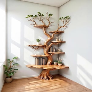 Könnte beinhalten: Ein einzigartiges, baumförmiges Bücherregal aus Holz mit mehreren Regalen und Ästen. Die Regale beherbergen Bücher, kleine Pflanzen und dekorative Gegenstände. Das Baumdesign hat eine natürliche Holzfarbe mit grünen Blättern an der Spitze.