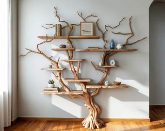 Estantería flotante de ramas de árbol, estantería de madera maciza tallada a mano, estantería de madera flotante con arte de pared, estante de piso