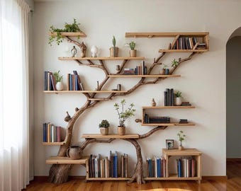 Tree branch book shelf driftwood branch handmade bookcase solid wood sculpture custom floating shelves furniture