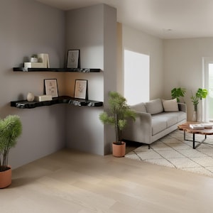Puede incluir: Un sal&oacute;n moderno con una estanter&iacute;a esquinera de m&aacute;rmol negro. Las estanter&iacute;as exhiben arte enmarcadas, libros y objetos decorativos. La habitaci&oacute;n tambi&eacute;n incluye un sof&aacute; gris, una mesa de centro de madera y plantas en macetas.