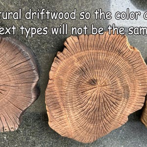 May include: Three natural wood slices with visible grain patterns. The wood is a dark brown color with lighter brown rings. The slices are arranged in a row.