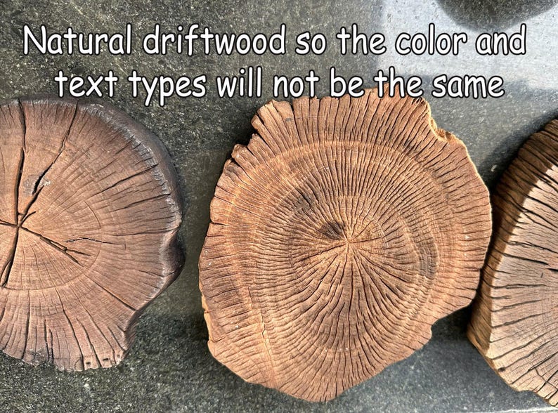 May include: Three natural wood slices with visible grain patterns. The wood is a dark brown color with lighter brown rings. The slices are arranged in a row.